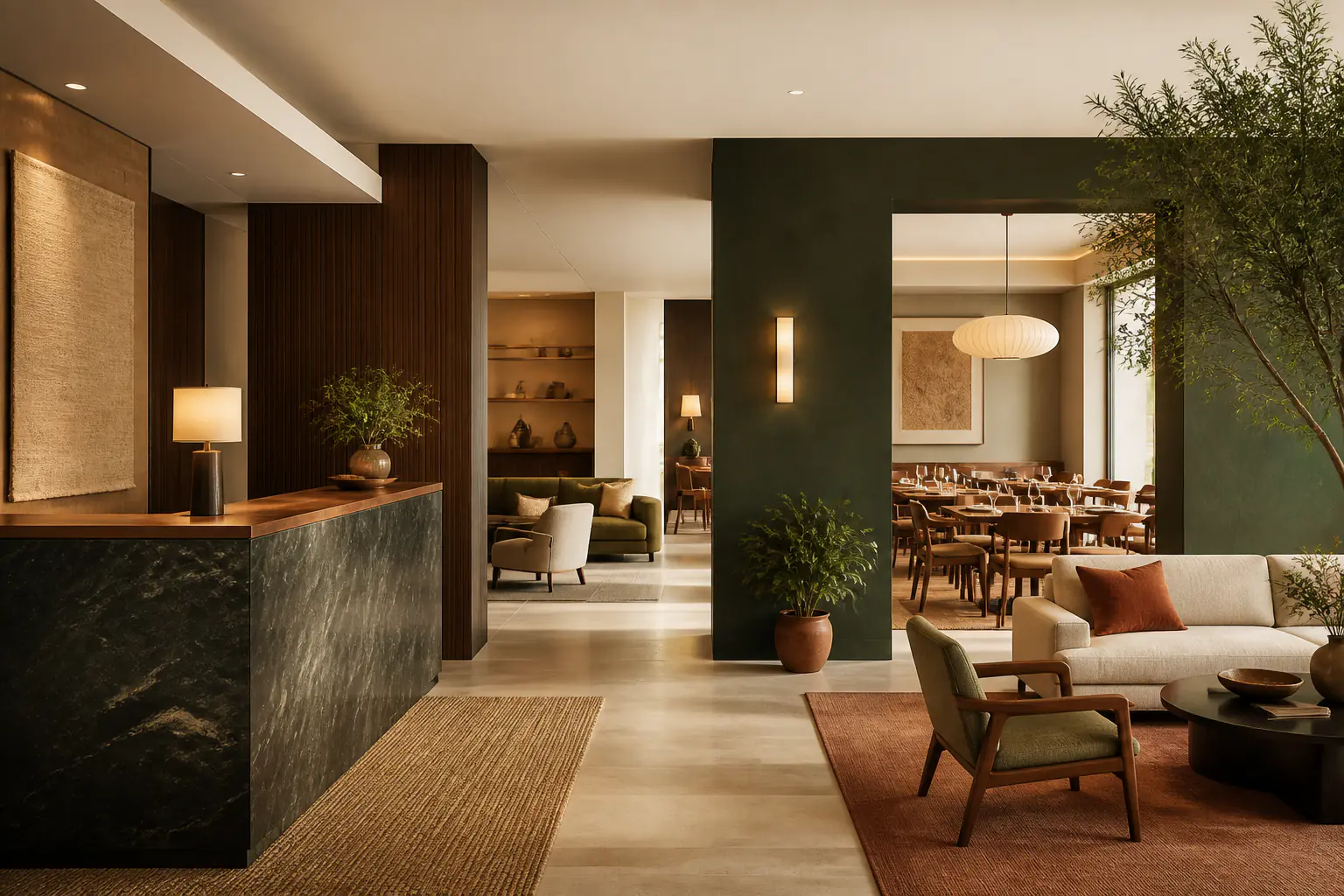 Recepção, lounge e área de refeições conectados em um espaço contemporâneo